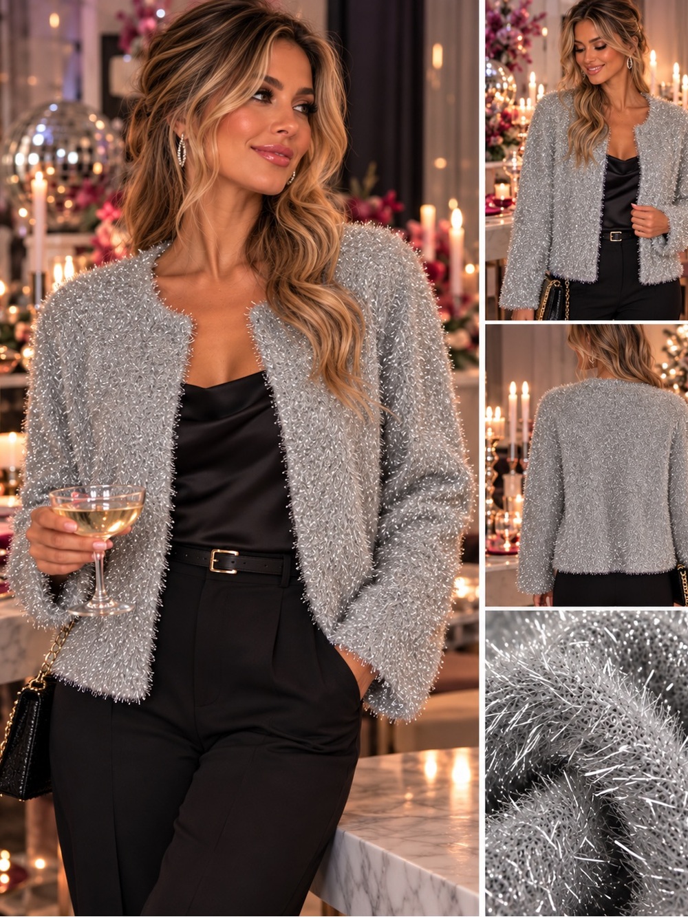 Tommy Hilfiger Silver Metallic Tinsel Fuzzy Cardigan Sweater Holiday large